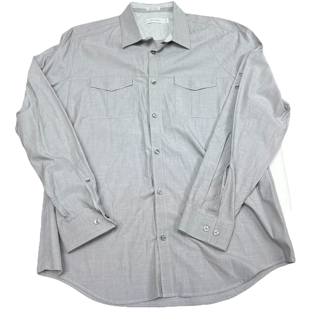 Calvin Klein Mens Long Sleeve Button Up Shirt Size Large Gray Cotton Pockets